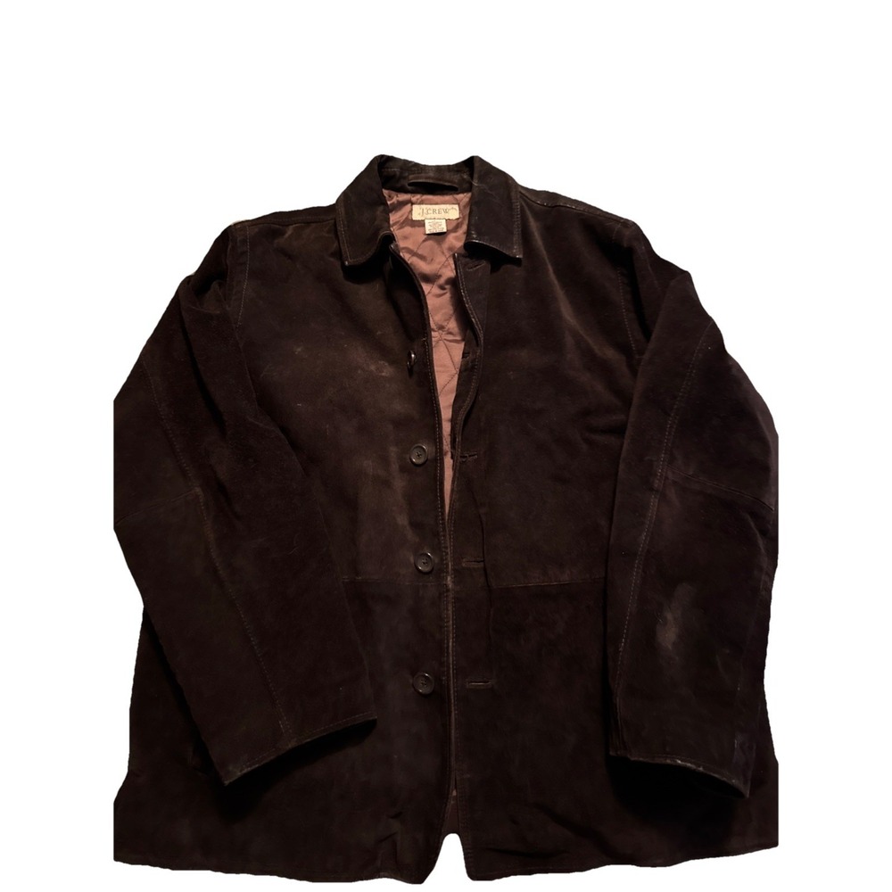 VTG J.Crew Jacket Brown Suede Leather Coat Button front Heavy Lined Casual Large